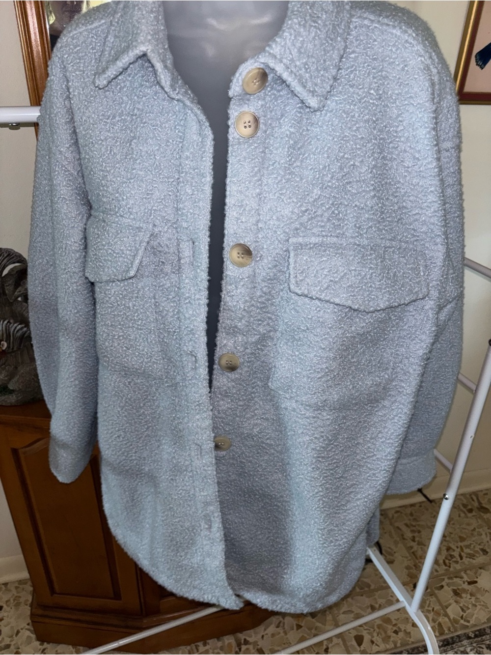 H&M Light Gray Bouclé Shirt Jacket with Front Pockets